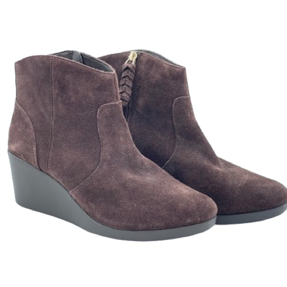 CROCS Leigh Wedge Booties Brown Synthetic Sued Side Zip Ankle Boots W10 - Picture 3 of 11
